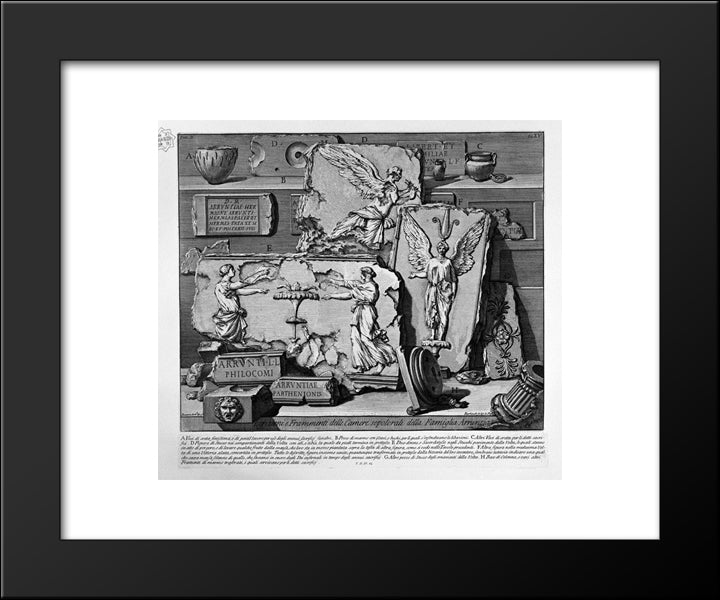 The Roman Antiquities, T. 2, Plate Xv. Inscriptions And Fragments Of The Burial Chambers Of The Family Arrunzia (Figures Carved From Barbault) 20x24 Black Modern Wood Framed Art Print Poster by Piranesi, Giovanni Battista