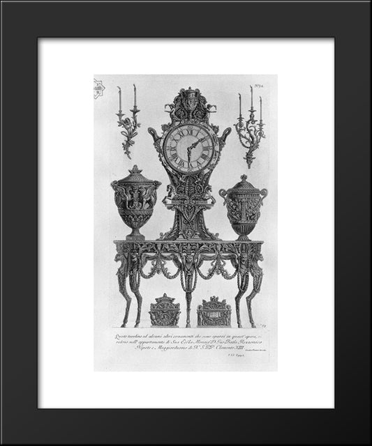 A Five-Legged Table, Wall Matterhorn, Surmounted By A Clock Between Two Decorative Vases, Two Candelabra Wall, Two Urns 20x24 Black Modern Wood Framed Art Print Poster by Piranesi, Giovanni Battista