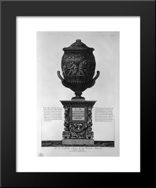 Antique Vase Of Marble With Kneeling Figures Drinking From Hippogryphs, With Chandeliers And A Pedestal Corner 20x24 Black Modern Wood Framed Art Print Poster by Piranesi, Giovanni Battista