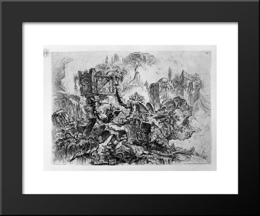 Caprice Decoration, A Group Of Ruins Inhabited By Snakes, Surmounted By An Ancient Tomb, A Delicate Etching Pine In The Fund At The Bottom Right Palette 20x24 Black Modern Wood Framed Art Print Poster by Piranesi, Giovanni Battista