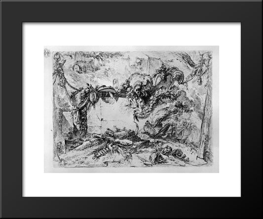 Caprice Decorative Frames In The Middle Of A Wall With A Oval In The Upper Left A Barrel And A Hand Pours A Drink 20x24 Black Modern Wood Framed Art Print Poster by Piranesi, Giovanni Battista