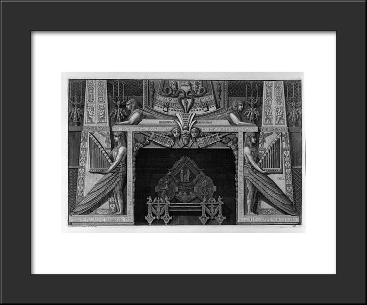 Egyptian-Style Fireplace Surmounted By Two Sphinxes And Flanked By Two Great Figures Of Harpists, A Rich Interior Wing 20x24 Black Modern Wood Framed Art Print Poster by Piranesi, Giovanni Battista