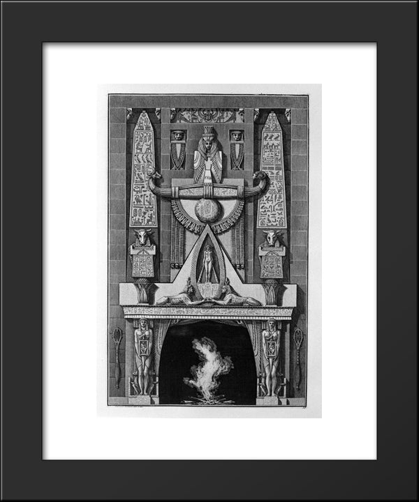 Egyptian-Style Fireplace, On The Floor Between Two Obelisks And A Number Of Decorative Elements, Two Sphinxes Crouching, And Among Them A Naked Figure Standing 20x24 Black Modern Wood Framed Art Print Poster by Piranesi, Giovanni Battista