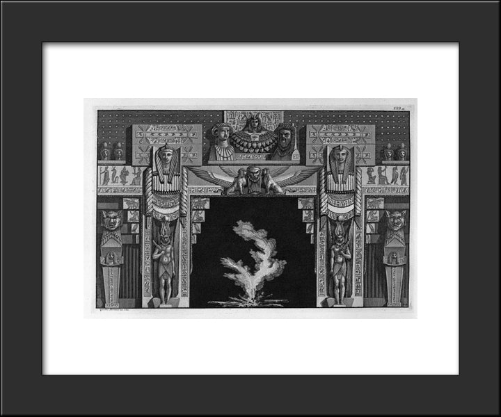 Egyptian-Style Fireplace, The Frieze Of A Lion Mask Between Two Sphinxes On The Sides Sacred Figures Standing With A Lion`S Head 20x24 Black Modern Wood Framed Art Print Poster by Piranesi, Giovanni Battista