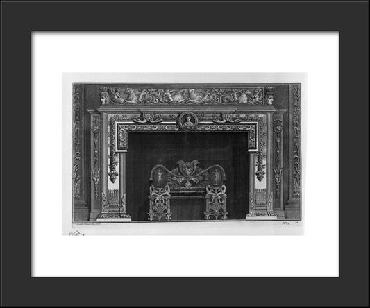 Fireplace That Has A Second Floor On The Frieze Of Putti Cavalcanti Dolphins And Sea Monsters, A Rich Interior Wing 20x24 Black Modern Wood Framed Art Print Poster by Piranesi, Giovanni Battista