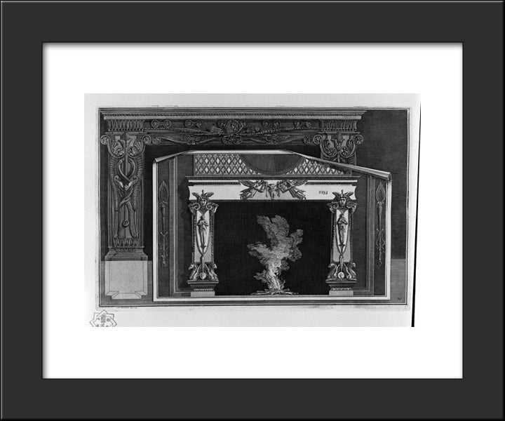 Fireplace With Cameos Frieze; Forward To It, On A Sheet Of Paper, Another Fireplace Decorated With Medusa Heads And Winged Figures With Lyre 20x24 Black Modern Wood Framed Art Print Poster by Piranesi, Giovanni Battista