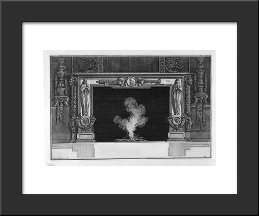 Fireplace With Draped Figures And Horns Of Plenty At The Hips, And A Medallion On The Frieze And Two Heads In Profile Between Two Fasces 20x24 Black Modern Wood Framed Art Print Poster by Piranesi, Giovanni Battista