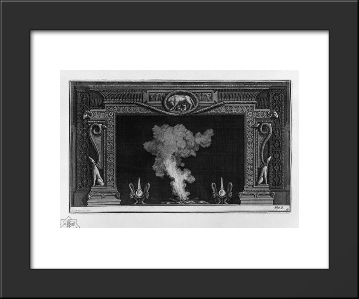 Fireplace, Two Greyhounds, Squatting, On The Sides, And The Roman She-Wolf In The Frieze 20x24 Black Modern Wood Framed Art Print Poster by Piranesi, Giovanni Battista