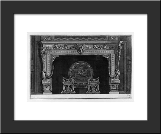 Fireplace: Frieze Of Scrolls And Sea Horses With Central Mask, A Rich Interior Wing 20x24 Black Modern Wood Framed Art Print Poster by Piranesi, Giovanni Battista