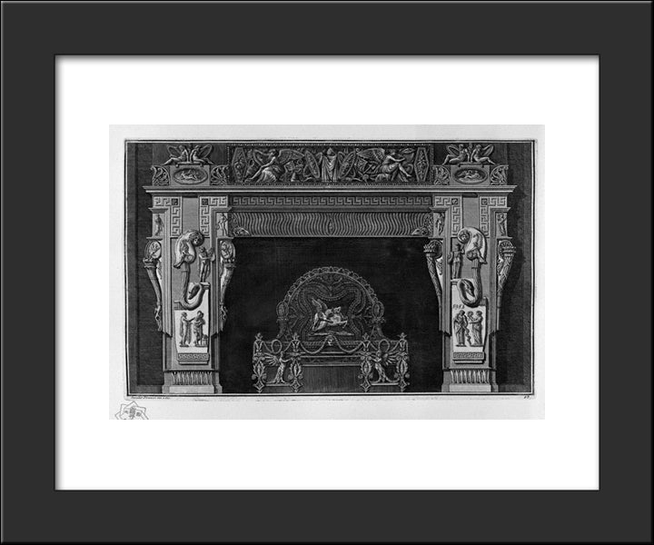 Fireplace: Frieze With Ribbing And Scrapers, And A Greek, A Rich Interior Wing 20x24 Black Modern Wood Framed Art Print Poster by Piranesi, Giovanni Battista