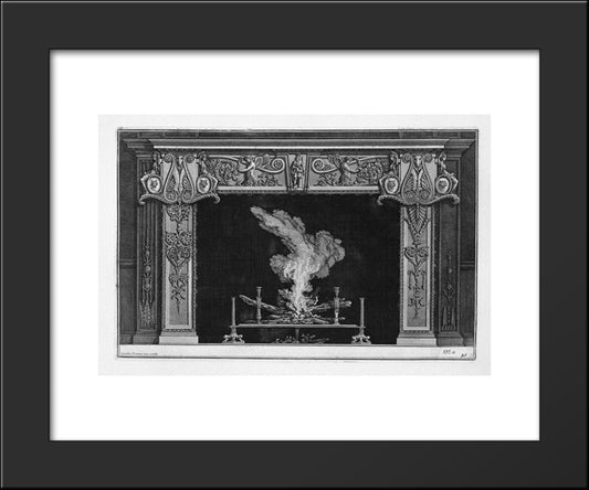 Fireplace: In The Center Of The Frieze Figures Of Warriors Standing Up On Each Side, Top, Two Small Figures Of Goddesses Sitting On Cameos Head Of Medusa 20x24 Black Modern Wood Framed Art Print Poster by Piranesi, Giovanni Battista