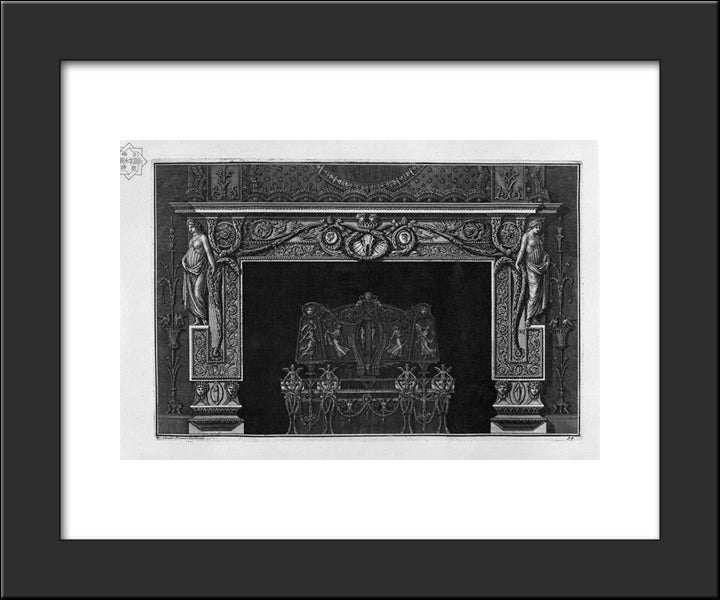 Fireplace: In The Frieze Horse Skull Between Two Cameos; Rich Interior Wing 20x24 Black Modern Wood Framed Art Print Poster by Piranesi, Giovanni Battista