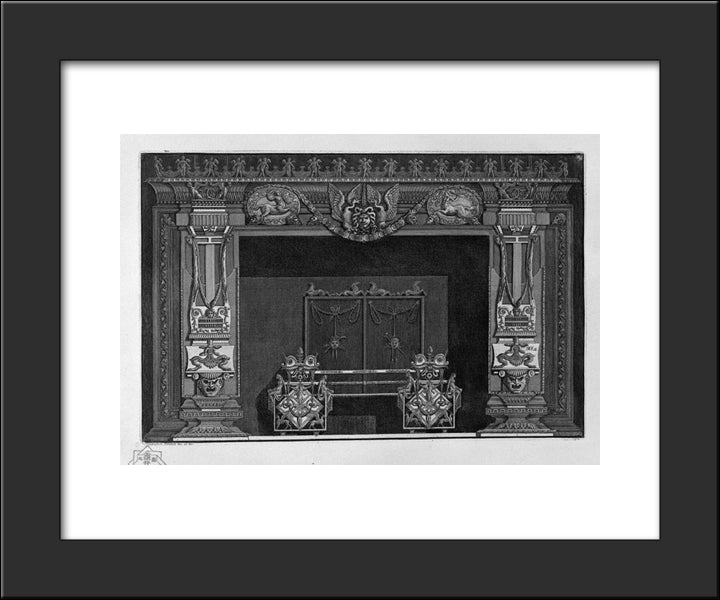 Fireplace: In The Frieze Of A Medusa`S Head Between Two Swans, Flanked By Two Centaurs In The Race, A Rich Interior Wing 20x24 Black Modern Wood Framed Art Print Poster by Piranesi, Giovanni Battista