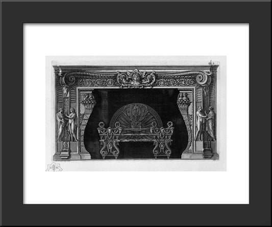 Fireplace: In The Frieze Rython To Two Horse Heads, Hips 4 Caryatids 20x24 Black Modern Wood Framed Art Print Poster by Piranesi, Giovanni Battista