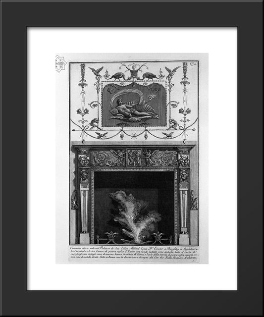 Fireplace: In The Frieze, Sacrificing Two Fauns, Including Winged Genii; High On The Wall, The Figure Of A Woman Lying In A Shell 20x24 Black Modern Wood Framed Art Print Poster by Piranesi, Giovanni Battista