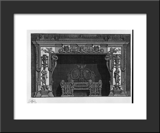 Fireplace: In The Frieze, Three Masks; A Rich Interior Wing 20x24 Black Modern Wood Framed Art Print Poster by Piranesi, Giovanni Battista