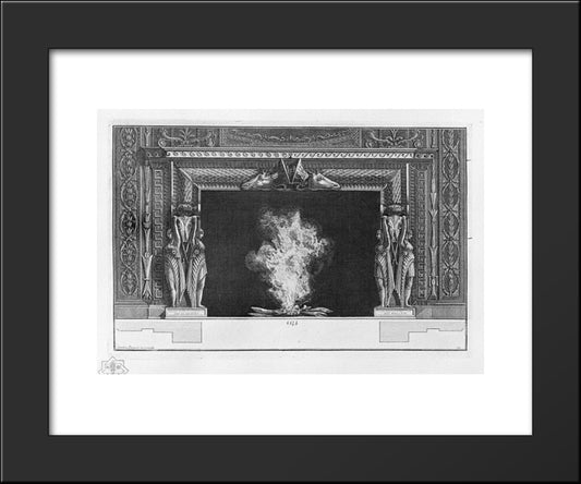 Fireplace: On Each Side Two Standing Figures, A Naked And Draped, A Rich Interior Wing 20x24 Black Modern Wood Framed Art Print Poster by Piranesi, Giovanni Battista