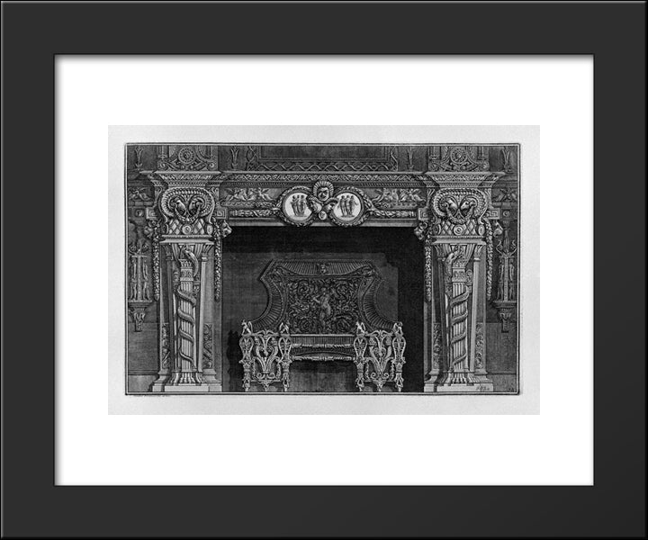 Fireplace: Stage Three Masks In The Frieze Between Two Medallions With The Graces, In The Interior, Full Wing 20x24 Black Modern Wood Framed Art Print Poster by Piranesi, Giovanni Battista