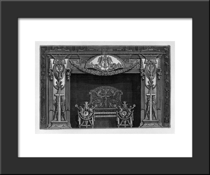 Fireplace: Trophies With Sphinxes In The Sides, To Which The Lower Two Figures Are Set Against Egypt, In The Interior, Full Wing 20x24 Black Modern Wood Framed Art Print Poster by Piranesi, Giovanni Battista