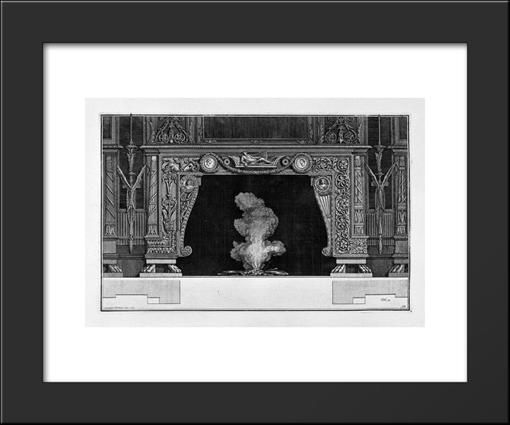 Fireplace: Two Medals In The Frieze Of Garlanded A Figure Lying On A Bed 20x24 Black Modern Wood Framed Art Print Poster by Piranesi, Giovanni Battista