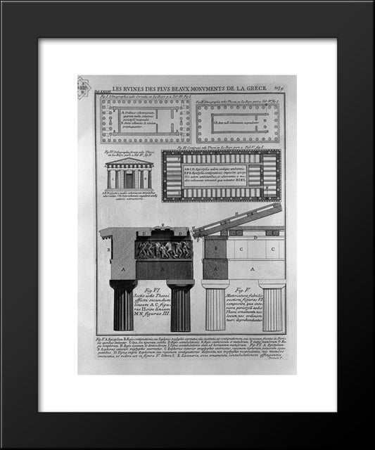 Plan, Elevation And Details Of Doric Temples In Greece (From Le Roy) 20x24 Black Modern Wood Framed Art Print Poster by Piranesi, Giovanni Battista