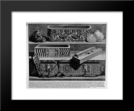 The Roman Antiquities, T. 2, Plate Xlv. Fragments Of The Burial Chamber Opposite The Church Of St. Sebastian Outside The Walls (Figures Carved From Barbault) 20x24 Black Modern Wood Framed Art Print Poster by Piranesi, Giovanni Battista