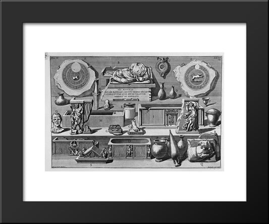 The Roman Antiquities, T. 3, Plate Xxvii. Urns, Vases, Sarcophagi And Various Objects Found In Burial Chambers Above (Figures Carved From Barbault) 20x24 Black Modern Wood Framed Art Print Poster by Piranesi, Giovanni Battista