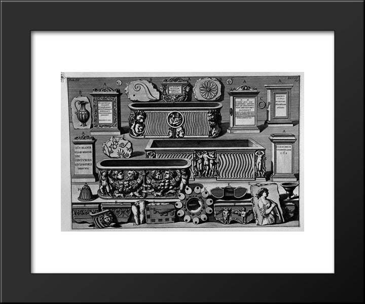 The Roman Antiquities, T. 3, Plate Xxviii. Stones, Sarcophagi And Other Objects Found In Burial Chambers Above 20x24 Black Modern Wood Framed Art Print Poster by Piranesi, Giovanni Battista