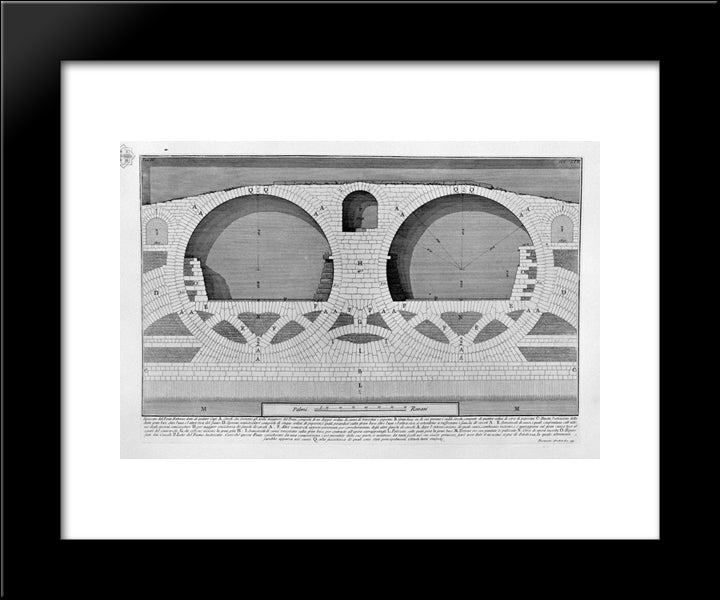 The Roman Antiquities, T. 4, Plate Xix. Plan, Elevation And Details Of Construction Of The Bridge Of Four Heads 20x24 Black Modern Wood Framed Art Print Poster by Piranesi, Giovanni Battista