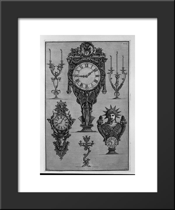 Three Clocks And Three Candelabra 20x24 Black Modern Wood Framed Art Print Poster by Piranesi, Giovanni Battista