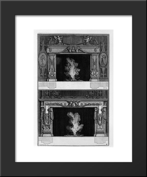 Two Fireplaces Overlapping: The Inf With Medusa Heads Between Two Swans, With The Support Heads Of Aries 20x24 Black Modern Wood Framed Art Print Poster by Piranesi, Giovanni Battista