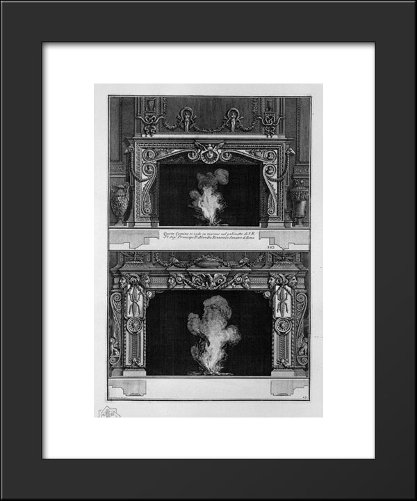 Two Fireplaces Overlapping: The Support With A Mask Of Medusa In A Shell, The Inf With An Eagle In Profile And Heads Of Satyrs With Garlands 20x24 Black Modern Wood Framed Art Print Poster by Piranesi, Giovanni Battista