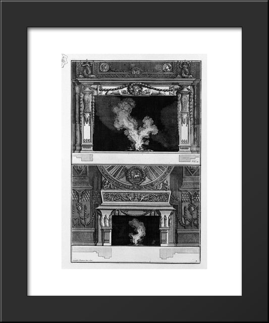 Two Fireplaces Overlapping: The Support With A Mask Wreathed Crouched Between Two Greyhounds 20x24 Black Modern Wood Framed Art Print Poster by Piranesi, Giovanni Battista