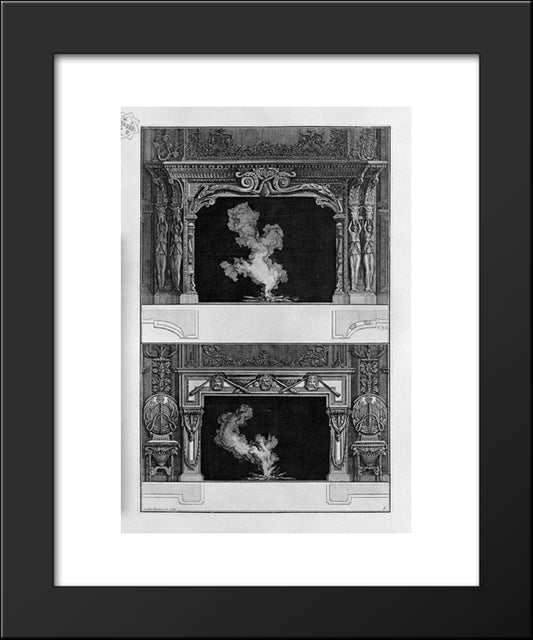 Two Fireplaces Overlapping: The Tragic Masks With 3 Inf Joined Torches, With The Support 4 Caryatids Sorreggenti Bucranes 20x24 Black Modern Wood Framed Art Print Poster by Piranesi, Giovanni Battista