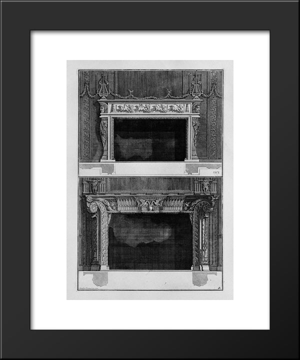 Two Fireplaces Superimposed With The Support 4 In The Chariot Race In The Circus, The Inf With 2 Swans That Drink In A Vase 20x24 Black Modern Wood Framed Art Print Poster by Piranesi, Giovanni Battista