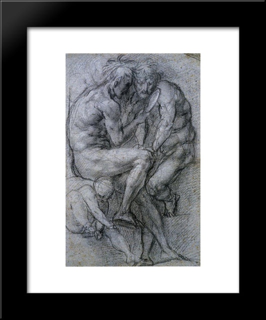 Two Male Figures Looking In A Mirror And A Putto 20x24 Black Modern Wood Framed Art Print Poster by Pontormo, Jacopo