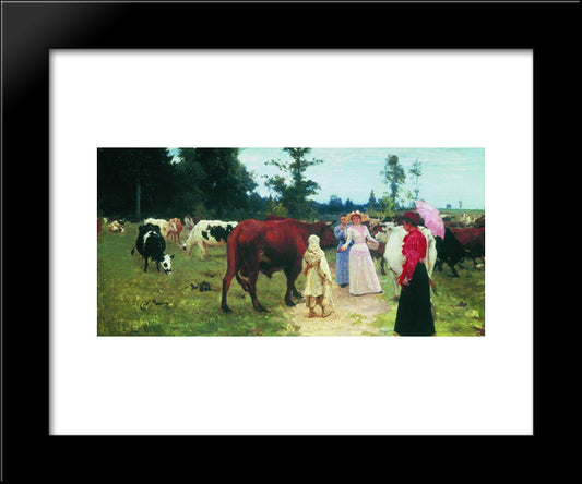 Young Ladys Walk Among Herd Of Cow 20x24 Black Modern Wood Framed Art Print Poster by Repin, Ilya