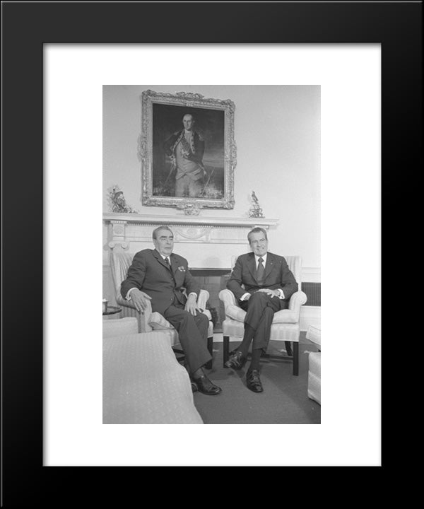 President Richard Nixon And Soviet Leader Leonid Brezhnev Seated In The White House, Portrait Of George Washington In The Background 20x24 Black Modern Wood Framed Art Print Poster by Library of Congress
