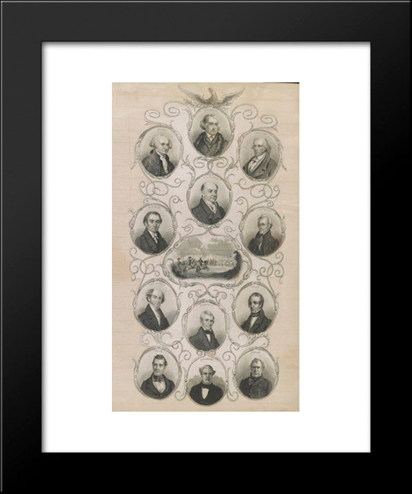 Battle Scene Surrounded By Portraits Of American Presidents 20x24 Black Modern Wood Framed Art Print Poster by Library of Congress