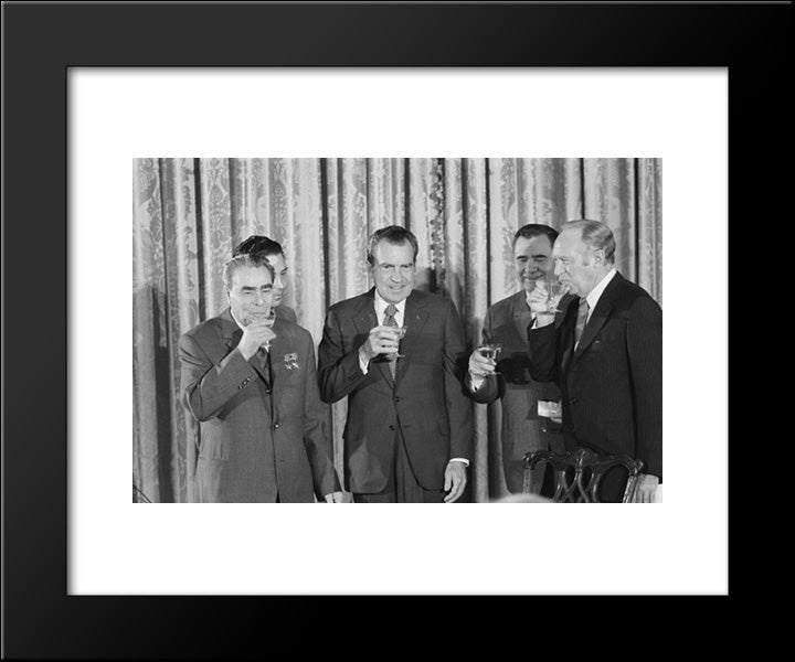 President Richard Nixon With (Left To Right) Soviet Leader Leonid Brezhnev, Soviet Minister Of Foreign Affairs Andrei Gromyko 20x24 Black Modern Wood Framed Art Print Poster by Library of Congress