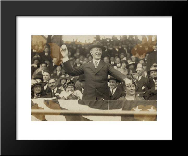 President Woodrow Wilson Throwing Out The First Ball, Opening Day, 1916; Among Those Present Are Edith Bolling Galt Wilson And Mrs. John A. (Ida) Wilson 20x24 Black Modern Wood Framed Art Print Poster by Library of Congress