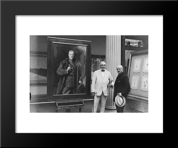 President Harding And Unidentified With Portrait Of John J. Pershing 20x24 Black Modern Wood Framed Art Print Poster by Library of Congress
