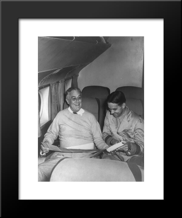 Franklin D. Roosevelt, With Map On Lap, Aboard A Plane Crossing The Atlantic, With Captain Otis Bryan. 20x24 Black Modern Wood Framed Art Print Poster by Library of Congress