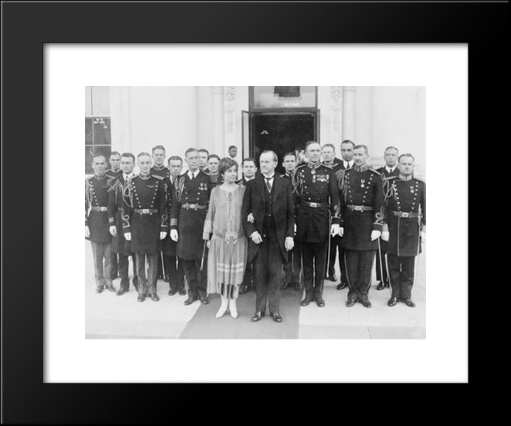 President And Mrs. Coolidge With Military Aides, Just After They Assisted In A New Year Reception, Posed Outside The White House 20x24 Black Modern Wood Framed Art Print Poster by Library of Congress