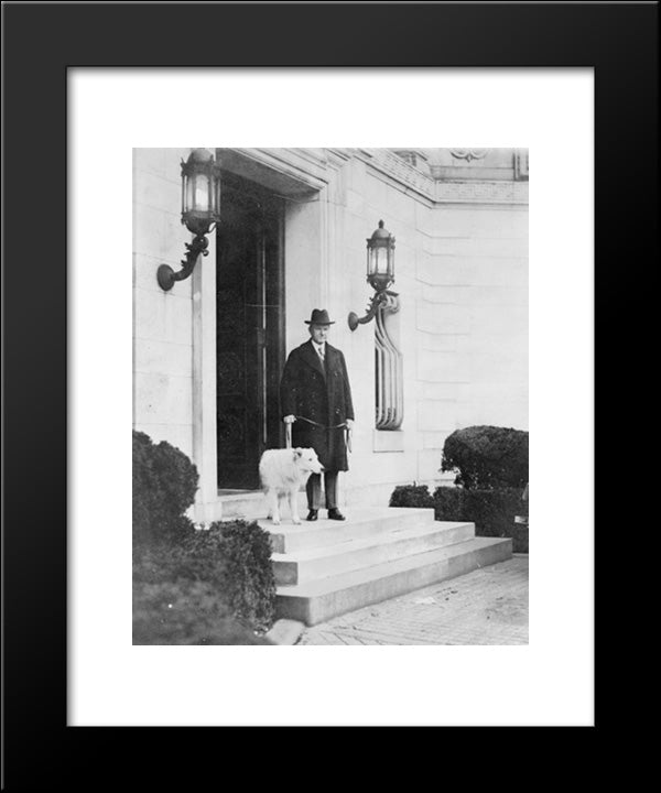 President Coolidge, Full-Length Portrait, Facing Slightly Right, Standing On Steps Of The Patterson Home, With One Of The Family'S Dogs 20x24 Black Modern Wood Framed Art Print Poster by Library of Congress