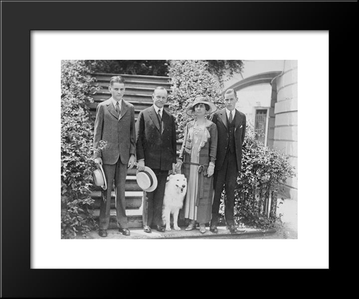 President And Mrs. Coolidge, Full-Length Portraits, Standing On Steps, With Their Two Sons And Their Pet Dog 20x24 Black Modern Wood Framed Art Print Poster by Library of Congress