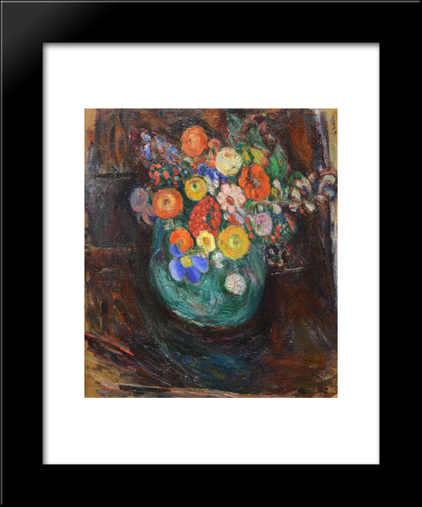 Still Life With Green Vase And Flowers 20x24 Black Modern Wood Framed Art Print Poster by Manievich, Abraham