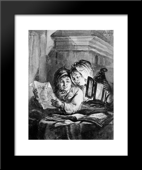 Boy And Girl Looking At Drawings 20x24 Black Modern Wood Framed Art Print Poster by van Strij, Abraham