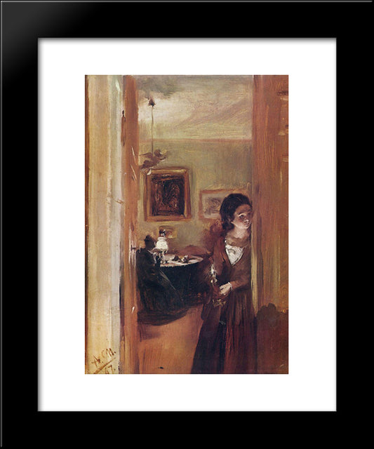 Living Room With The Artist'S Sister 20x24 Black Modern Wood Framed Art Print Poster by Menzel, Adolph