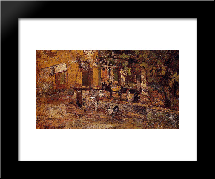Farmyard With Donkeys And Roosters 20x24 Black Modern Wood Framed Art Print Poster by Monticelli, Adolphe Joseph Thomas